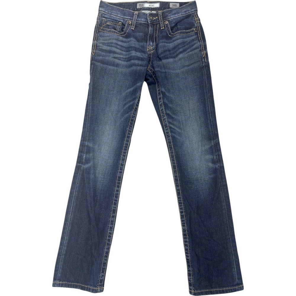 BKE Alec Straight Leg Jeans Womens 28R Whiskered Mid Rise Stretch Dark Wash Luxe